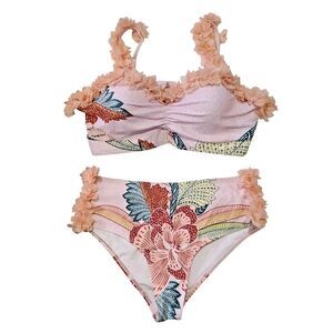 NWT Floral Pink Two-Piece High Waisted Bikini Swimsuit Set XL Ruffle Accent